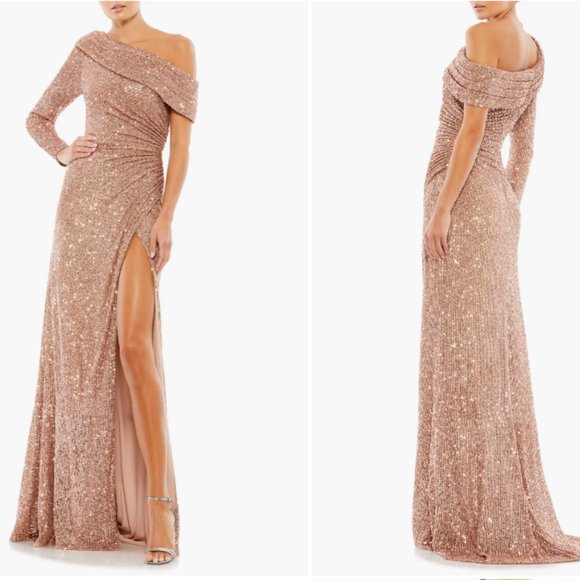 MAC DUGGAL 26571 OFF THE SHOULDER ONE LONG SLEEVE SEQUIN COPPER GOWN sz 4 - Picture 1 of 4